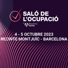 Banner de l'activitat. Sobre fons lila, en lletres blanques: Saló de l'ocupació. 4-5 octubre 2023. Recinte Montjuïc - Barcelona. El logo de Barcelona Activa.