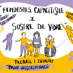 Dibuix sobre la jornada fer per Femiñetas: 3 dones, una amb una pròtesi a la cama, una amb cadira de rodes i una tercera amb gos pigall amb els missatges 'Feminismes, capacitisme i sostre de vidre. Treball i igualtat, prou discriminació.