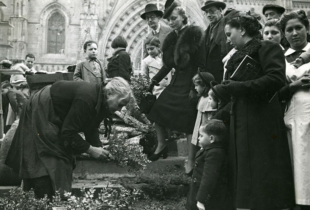 Fira de Santa Llúcia. Els firaires venent molsa, suro i plantes davant de la catedral. 8 de desembre de 1939. AFB. Pérez de Rozas
