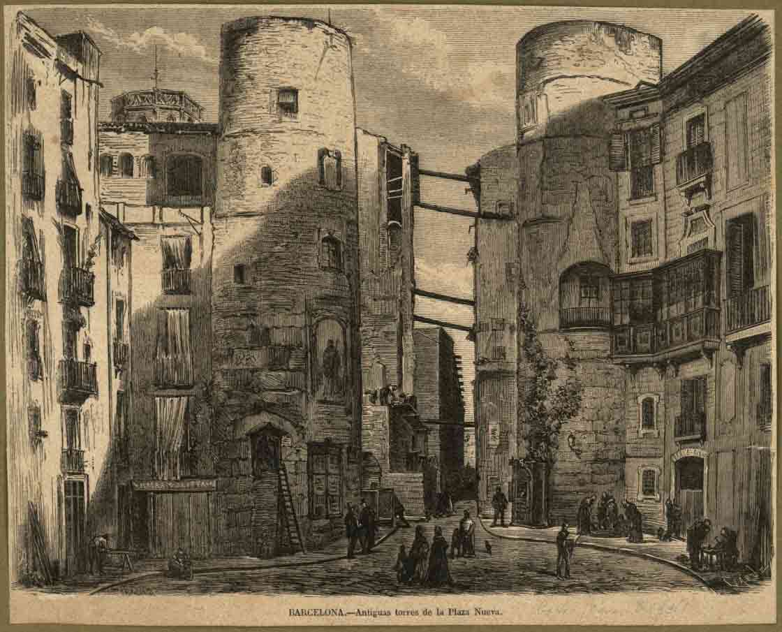 La Plaça Nova, con puntales en la calle del Bisbe, el 1872
