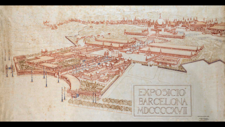 Dibuix acolorit en perspectiva que mostra com s’urbanitzaria l’espai de la muntanya de Montjuïc destinat a l’Exposició Internacional del 1929