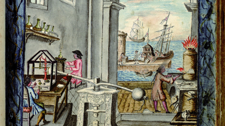 A colour drawing showing three people carrying out trade activities inside a building, at the bottom of which there is a large arch through which the sea and two sailing boats can be seen.