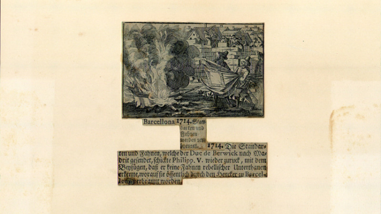 A drawing showing, in the foreground, a bonfire on the left and two figures on the right, carrying numerous flags to burn on the fire; in the background, houses and roof tops can be observed.