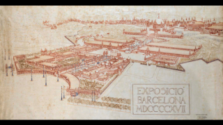 Dibuix acolorit en perspectiva que mostra com s’urbanitzaria l’espai de la muntanya de Montjuïc destinat a l’Exposició Internacional del 1929