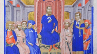 A page of a manuscript book with an illustration showing a female figure with a crown who is seated on a throne, meeting with several figures seated at her feet, among which the 5 councillors of Barcelona stand out, all dressed in red.