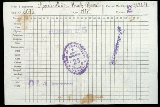 Document corresponent a la targeta de racionament de Maria Lluïsa Bruch Parera on consta un calendari estipulat per setmanes i aliments.