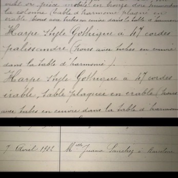 Detall del text del llibre de vendes de la casa Érard que indica la compra d'una arpa per les germanes Sánchez