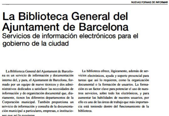 Primera pàgina de l'article "La Biblioteca General del Ajuntament de Barcelona. Servicios de información electrónicos para el gobierno de la ciudad"