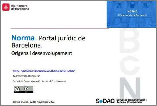 Primera pàgina del document “Norma. Portal jurídic de Barcelona. Orígens i desenvolupament”