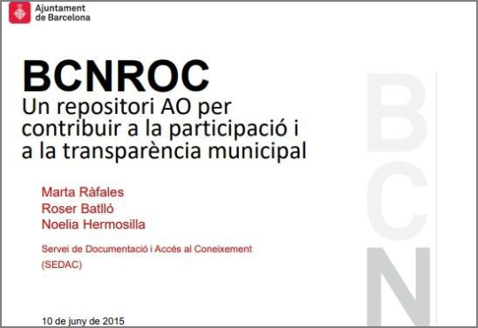 Primera pàgina del document "BCNROC un repositori AO per contribuir a la participació i a la transparència municipal"