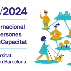 Cartell de la jornada del Dia Internacional de les Persones amb Discapacitat. És una il·lustració on hi ha diverses persones amb i sense discapacitat. També apareixen elements de Barcelona, com la Sagrada Família.