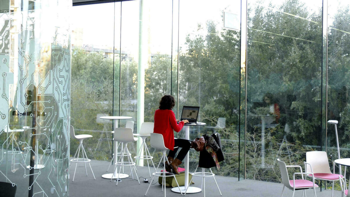 Es veu noia amb ordinador asseguda a l'interior de l'edifici Media_TIC davant de vidriera gran. A l'exterior es veuen arbres i vegetació