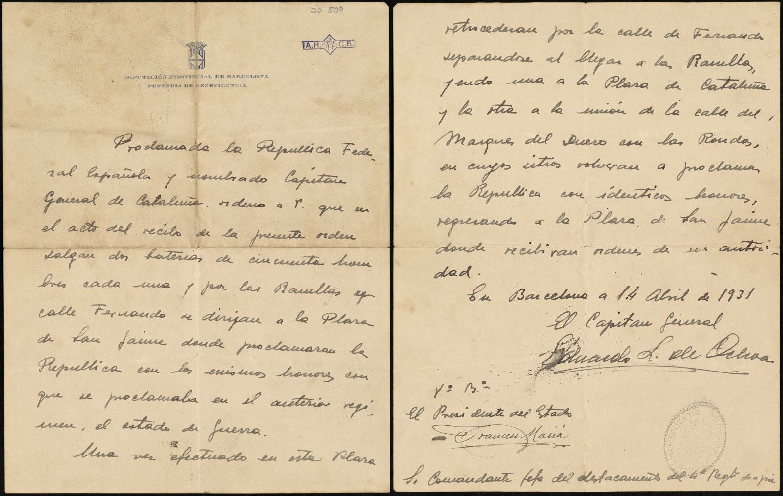 Documento autógrafo del General López Ochoa en el que, una vez nombrado Capitán General de Cataluña, ordena que dos baterías con un total de cien hombres, se dirijan a la Plaza de Sant Jaume