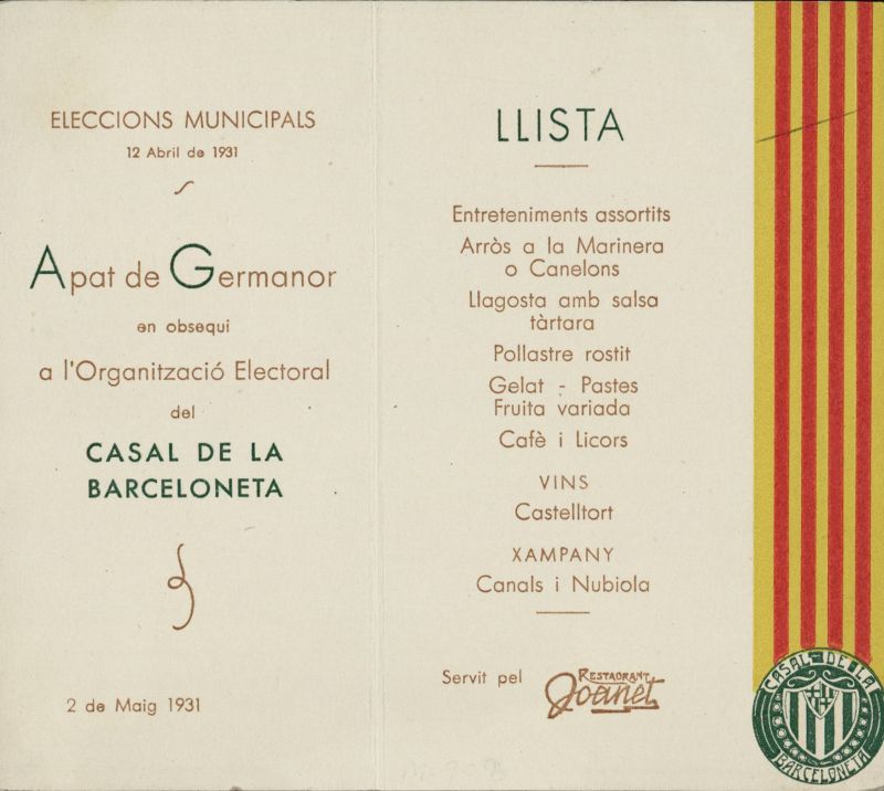 Menú dedicat al triomf de les eleccions municipals de 12 d'abril de 1931, on es festeja un àpat de germanor en obsequi a l'organització electoral del Casal de la Barceloneta en data 2 de maig del mateix any.