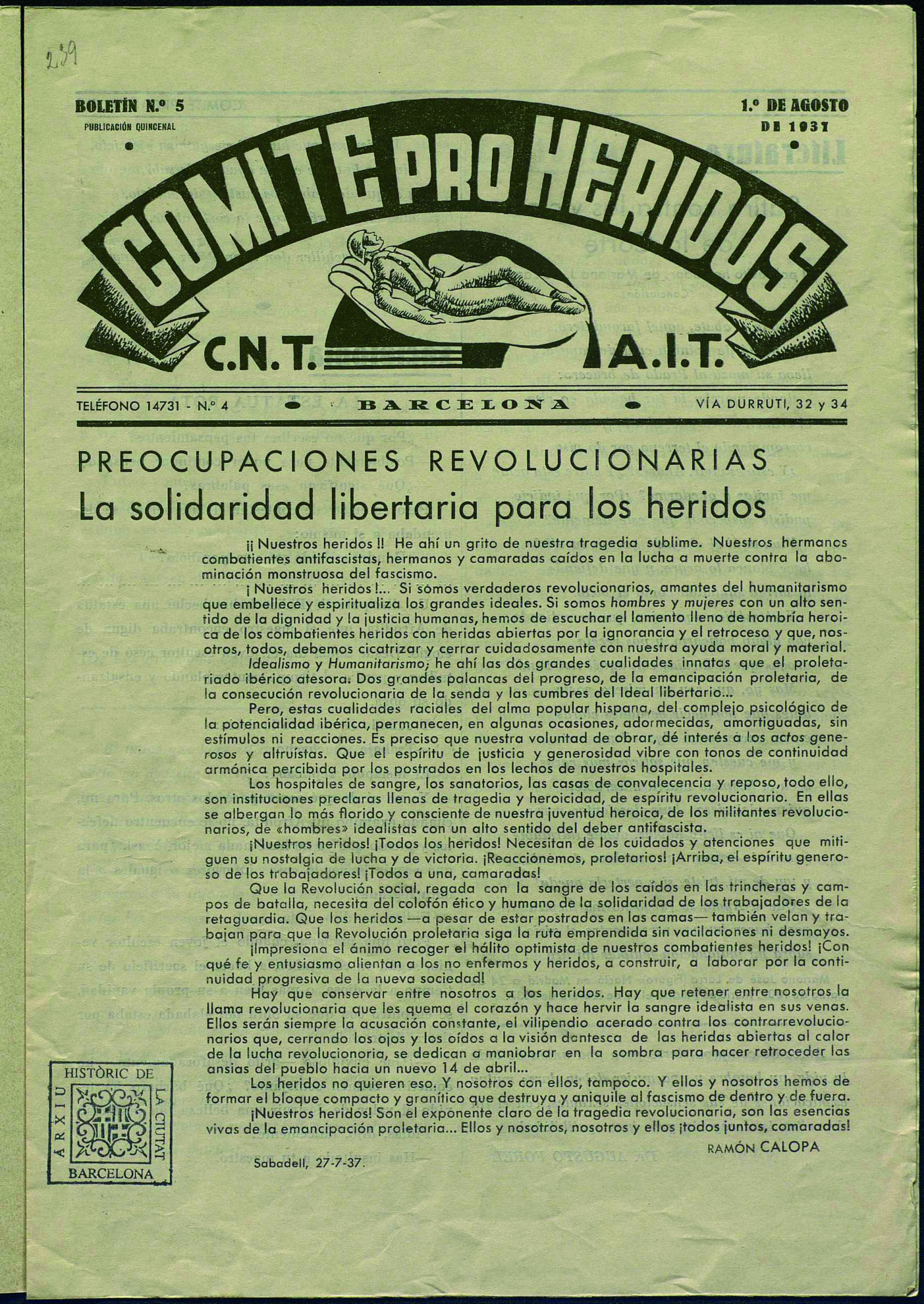 Comité Pro-Heridos CNT-AIT: boletín. Núm. 5 (11 agost 1937) portada
