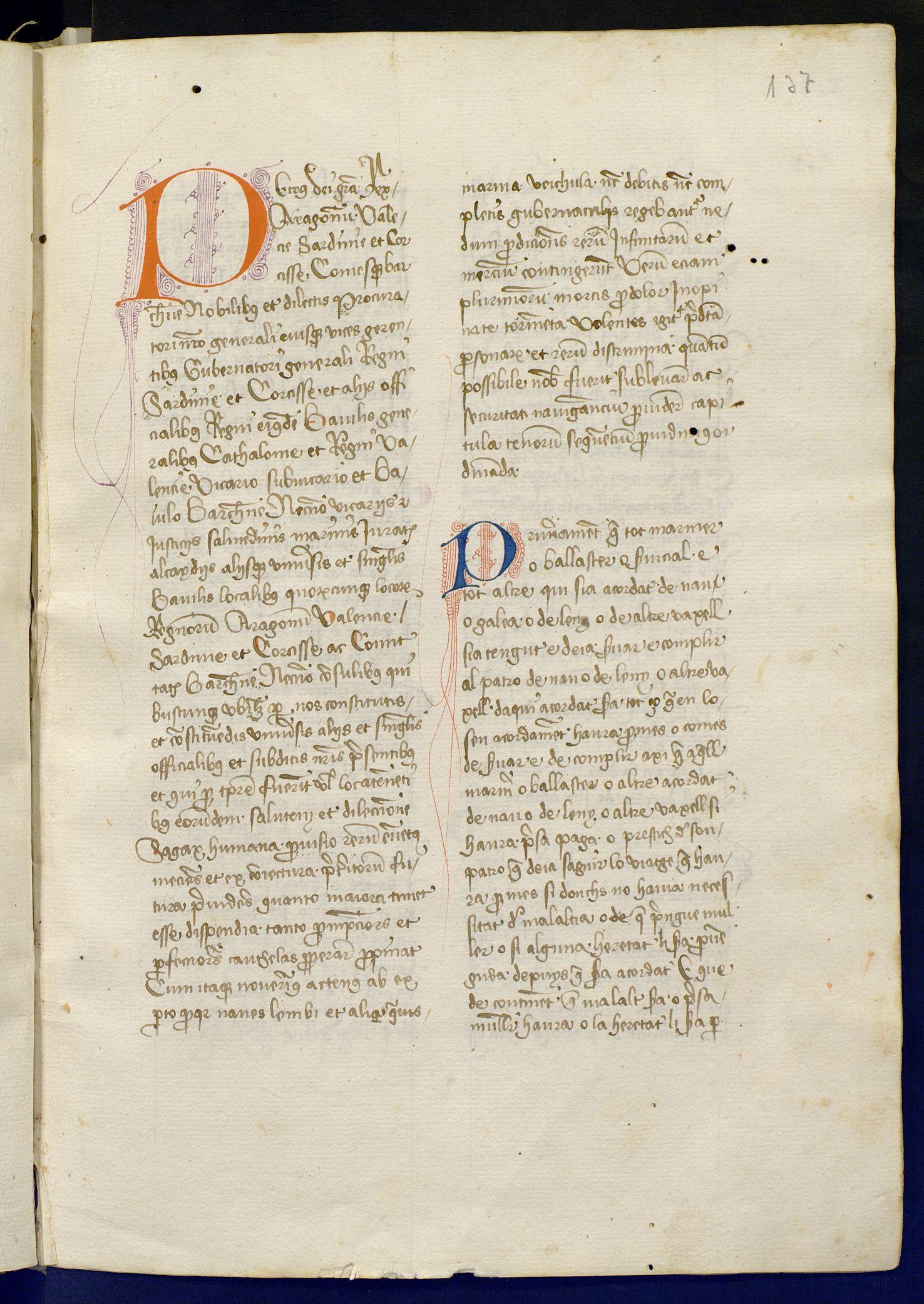Imatge Llibre del Consolat de Mar, f.137r, inici dels capítols de Pere III de l’any 1340. Manuscrit conservat a l’AHCB C06-B080, part del Codi jurídic de navegació comercial vigent a l'edat mitjana