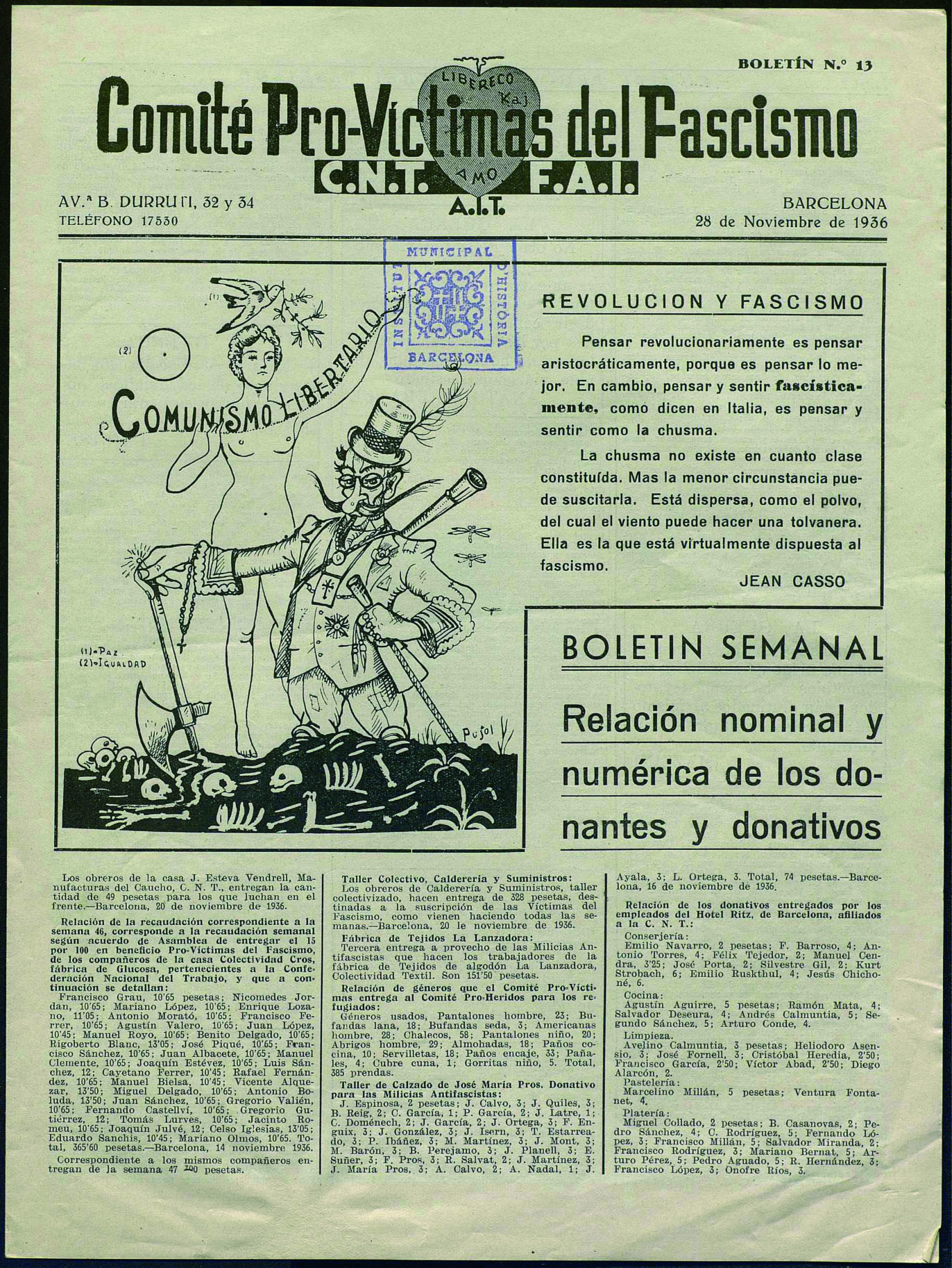 Comité Pro-Victimas del Fascismo. CNT.FAI. AIT : boletín semanal. Núm. 13 (28 novembre 1936) portada