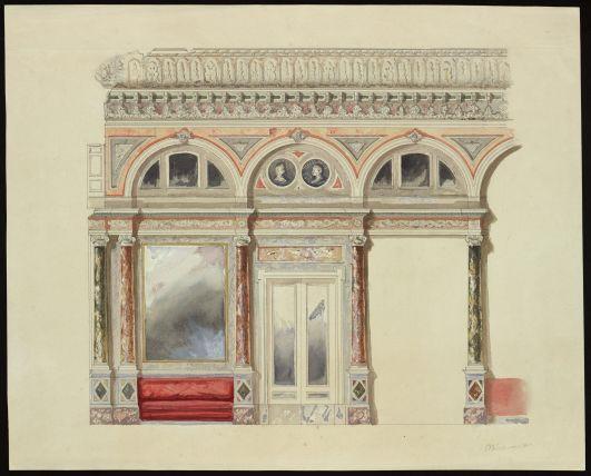 Alçat arquitectònic acolorit del Gran Teatre del Liceu atribuït a Josep Oriol Mestres Esplugas/Josep Mirabent, c. 1862. AHCB, reg. 5958