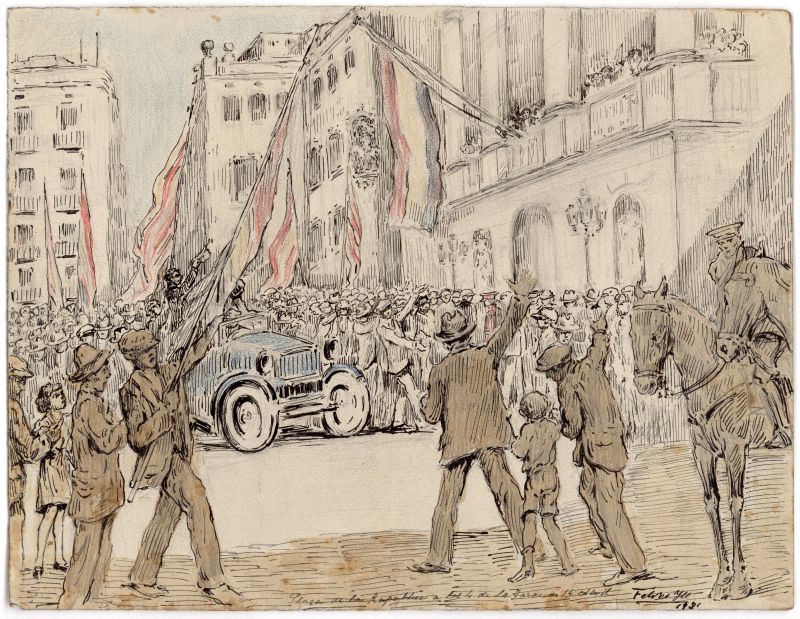 Dibuix realitzat per Pau Febrés Yll que representa la plaça de Sant Jaume el dia 14 d'abril de 1931 a les quatre de la tarda, en el moment de penjar la bandera republicana al balcó.