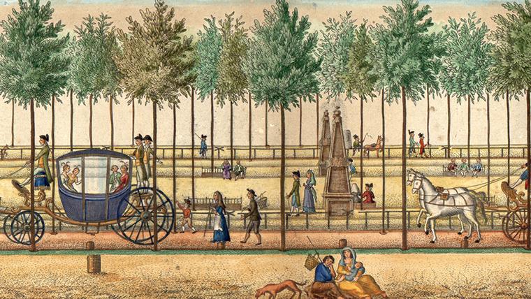 Imatge apaïsada en color d’un dibuix acolorit idealitzat d’un jardí urbà amb tanca, arbres, fons i carros de transport, persones passejant i altres elements decoratius i alegòrics.