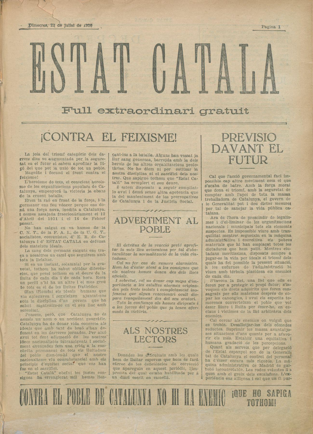 Imatge del Estat Català : Full Extraordinari Gratuït, 22 juliol 1936