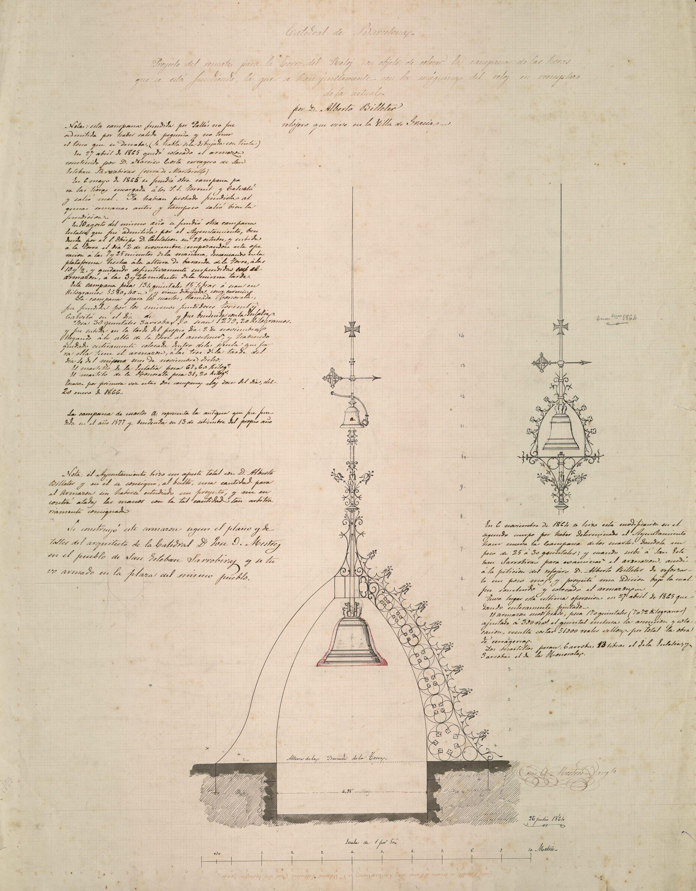 Projecte de coronament per a la torre del rellotge de la ciutat a la Catedral, per Josep Oriol Mestres, 1864. AHCB, reg. 5513