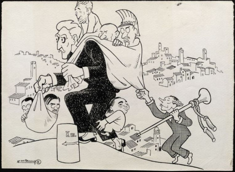 Calvario electoral. Castanys, Valentí. Dibujo original publicado en: La Veu de Catalunya, 8/11/1933, p. 16-17, con el texto “-¡Venga señor Macià! Haga un esfuerzo, que sólo nos faltan cuarenta y siete pueblos". AHCB 5D155, LVC33-006. El dibujo alude a la campaña electoral para las elecciones generales de noviembre de 1933. Francesc Macià llega a lo alto de una colina con un fardo cargdo de políticos de izquierda (Companys, Dencàs, el alcalde Aiguader...).