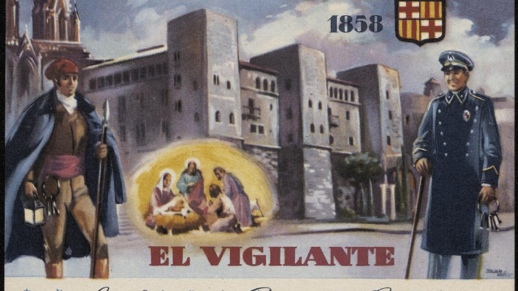 El Vigilante Les felicita las Pascuas de Navidad.  Postal que commemora el primer centenari de la creació dels Cossos de Vigilants Diürns i Nocturns de Barcelona i ens felicita el Nadal des de l’Avinguda de la Catedral, davant de l’edifici de la Casa de l’Ardiaca.  Referència: AHCB   (1958). Col·lecció Felicitacions d’oficis de l’AHCB. FO_0412