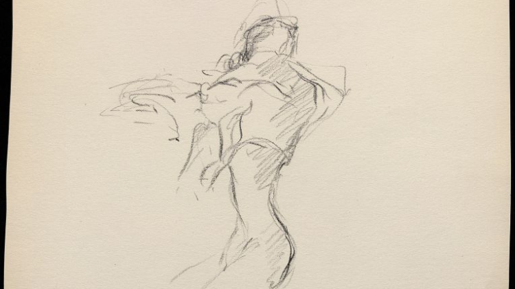 Esbós molt ràpid de pas de ball flamenc masculí. El conjunt d’esbossos, apunts i notes preses “al vol”, de llampada, d’esquitllada, durant els espectacles de dansa visitats, constitueix una part gran del conjunt gràfic de documents del fons Ramon Aulina de Mata i de Pinós.