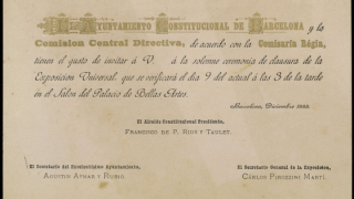 Invitació a la clausura de la Exposició Universal. Destinada per a permetre l’accés de la persona portadora al Palau de Belles Arts, el lloc on s’havia de dur a terme la clausura de l’esdeveniment Referència AHCB: 5D79 – C3