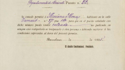 Document del permís a nom de Mariana Mora per vendre calçats a la parada  22 del mercat de Sant Antoni, 1885. AMCB. Fons Ajuntament de Barcelona:  A182 Comissió d’Hisenda, exp. 6837 de 1884.