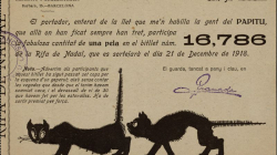 Boletín de participación de una peseta para el sorteo del 21 de diciembre de 1918 por parte de la redacción y administración del semanario humorístico y satírico catalán "Papitu"