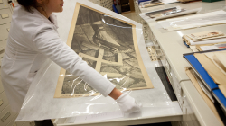 A girl with a white robe and gloves putting away a poster with an old photo into an archives cabinet
