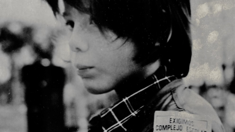 Boy with a sticker demanding a secondary school be built on the old Harry Walker site 