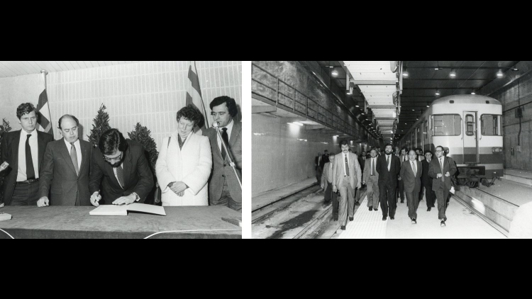 Inauguration of the Guinardó-Roquetes stretch of Metro L4 on 19 April 1982. Attended by the President of the Generalitat, Jordi Pujol, the Territorial Policy and Public Works Minister, Josep Maria Cullell, the chair of Transports Metropolitans de Barcelona (TMB) and city councillor, Mercè Sala, and the mayor