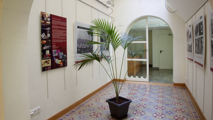 Una sala blanca con varios paneles con textos e imágenes colgados de la pared y una planta en medio