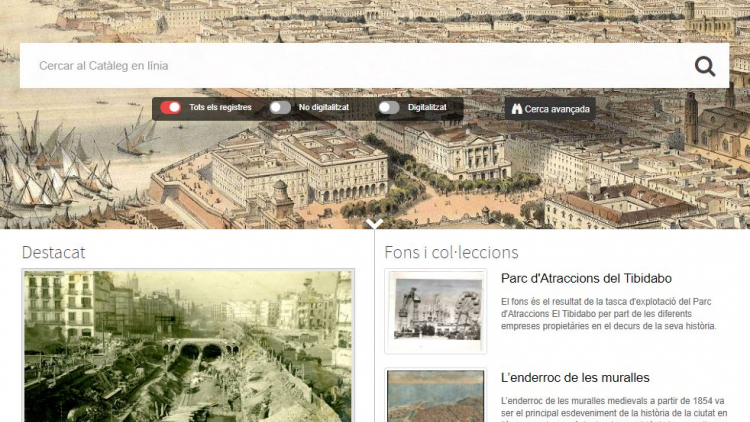 Pàgina principal del nou Catàleg en línia de l'Arxiu Municipal de Barcelona
