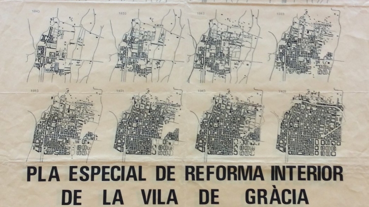 Poster telling people about the public information stage, display and information meeting for the Special Plan for the Interior Redevelopment of Vila de Gràcia, organised by the District VIII Municipal Council 