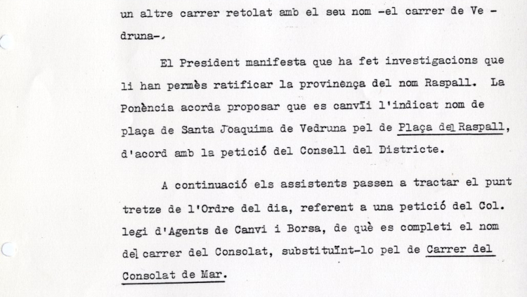 Minutes of the committee for changing street names meeting on 30 September 1981, which approved the permanent change of Plaza de Santa Joaquina de Vedruna to Plaça del Raspall 