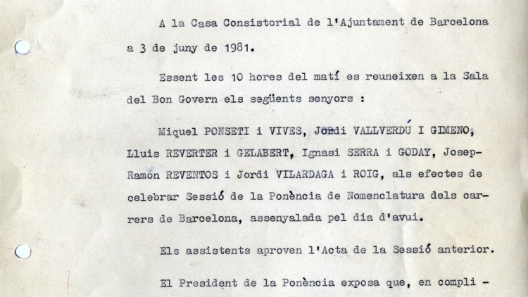 Minutes of the committee for changing street names meeting on 3 June 1981, which approved the permanent change of Calle Mayor de Gracia to Carrer Gran de Gràcia. The initiative to change the name came from the District VIII Municipal Council itself.