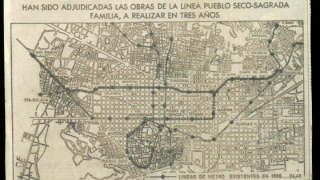 Retall del diari La Vanguardia on es traça la xarxa de metro sobre un plànol de la ciutat de Barcelona. El títol de la notícia és "La red de metros tendrá una longitud de 36 km en 1969".