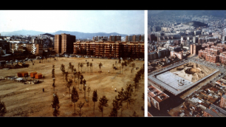 Series of photographs showing the development of Plaça de Sóller, from the start on a vacant site, in 1981, and with the development work in full swing, in 1982