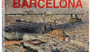 Detalle de la cubierta de un libro con un grabado que muestra una vista antigua de Barcelona