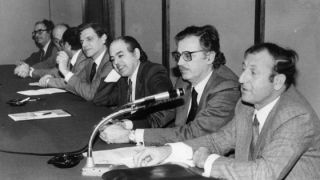 Press conference to present the CiU municipal lists, on 13 March 1979. From right to left: Xavier Millet (head of the list in Barcelona), Ramon Trias Fargas, Jordi Pujol and Josep Maria Cullell.