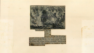 Dibujo que mostra, en primer plano, una hoguera a la izquierda y dos figures a la derecha, cargadas con banderas que llevan a quemar a la hoguera; al fondo se ve un paisaje de casas y tejados
