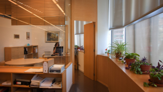 Interior de un equipamiento con un despacho en el fondo, con una persona sentada detrás de la mesa que habla por teléfono, muebles de oficina y una serie de macetas con plantas al lado de una ventana