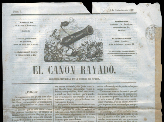 Document corresponent a la portada de la publicació satírica "El cañón rayado" on, a la part superior, s'observa el dibuix d'un canó personificat que, amb les seves pròpies mans, llença bombes contra soldats africans que l'envolten.  