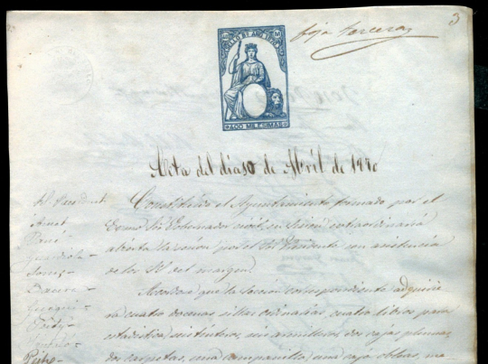 Document corresponent a l'acta manuscrita de l'Ajuntament de Gràcia del dia 10 d'abril de 1870. Tant a la part superior com al marge esquerre hi consten segells de l'Ajuntament. 
