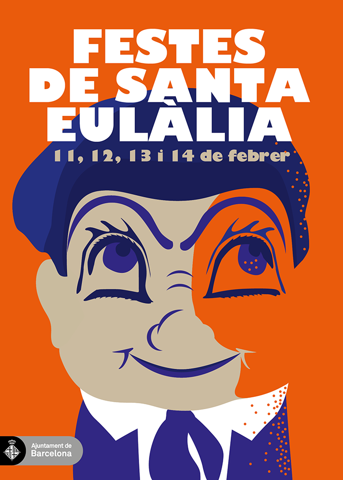 Cartel de las fiestas de Santa Eulàlia 2016 con el fondo naranja y el texto en catalán: Fiestas de Santa Eulàlia. 11, 12, 13 y 14 de febrero. Ayuntamiento de Barcelona.