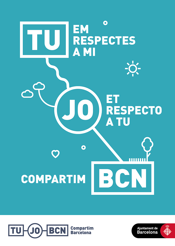 Cartel de la campaña de convivencia 2016 con el fondo turquesa y el texto en catalán: Tú me respetas a mí, yo te respeto a ti. Compartimos BCN. Ayuntamiento de Barcelona.